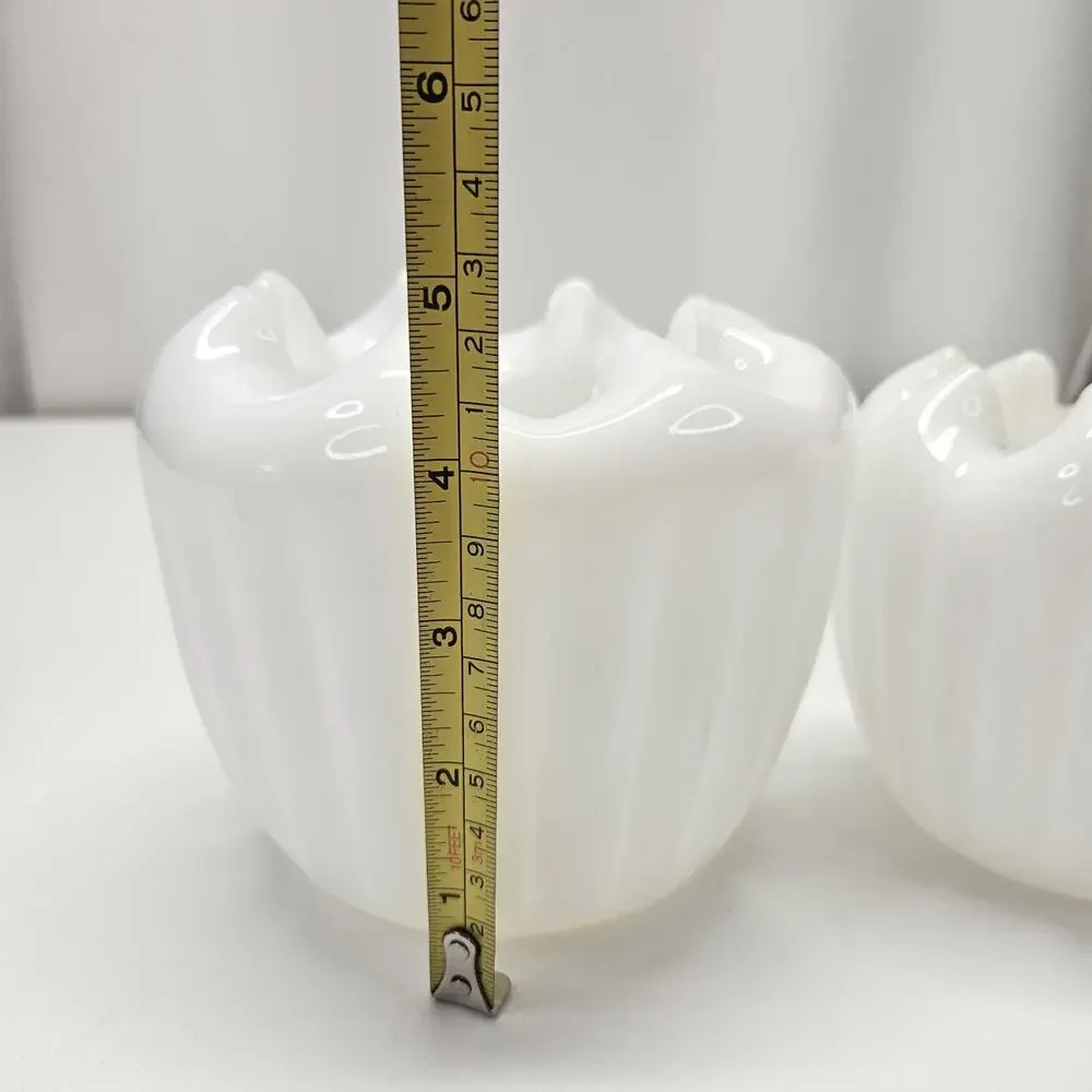 Vintage MCM Pinched Ruffled Rim White Milk Glass Ribbed Vase Planter Pot Set